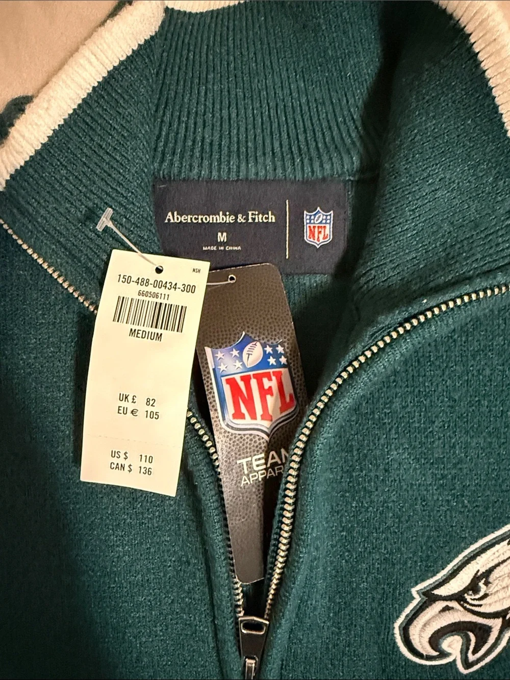 Abercrombie & Fitch Teal Half-Zip NFL Pullover with White Trim